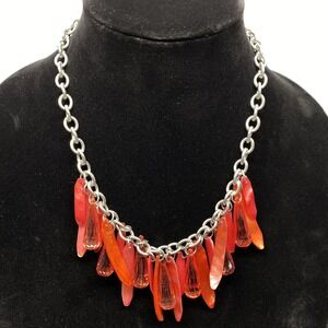 Silver Tone Necklace Red Orange Fashion Statement‎ Multi-Tone Pendants Boho